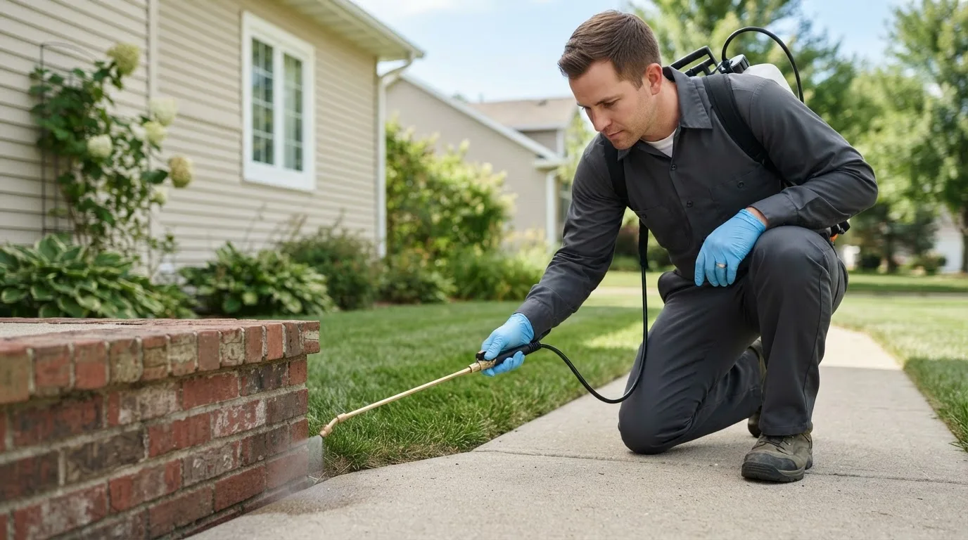 Pest control technician treating a home near Westminster, MD